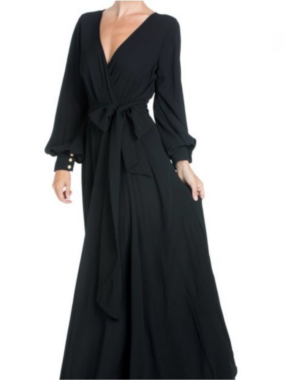 Meghan LA Black Long Sleeve Wrap Maxi Dress with Tie Waist